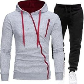 Mens 2 Piece Tracksuit Zipper Hoodie Pants Sport Suit Long Sleeve Stylish Casual Athletic Tracksuits (Color: Light Grey, size: S)