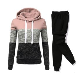 Women Tracksuit 2 Pieces Set Winter Hoodies+Pants Set Patchwork Pullover Sweatshirt Female Sport Suit Outfits for Woman Clothing (Color: Pink, size: XXL)