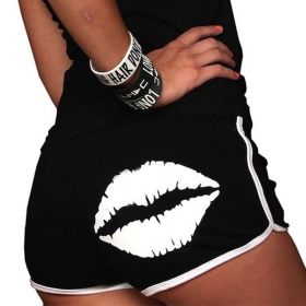 Summer new women's lips print contrast color edging slim sports casual yoga shorts (Color: Black, size: M)