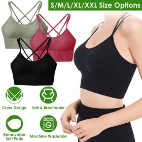 3Packs Women Cross Back Sport Bras Padded Strappy Medium Support Bras (Color: Green+Red+Black, size: L)